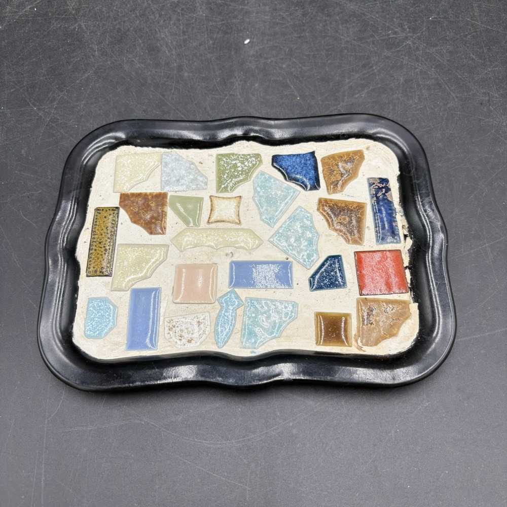 Vintage Handmade Black Metal Trinket Dish Art Tray w Stones/Tiles